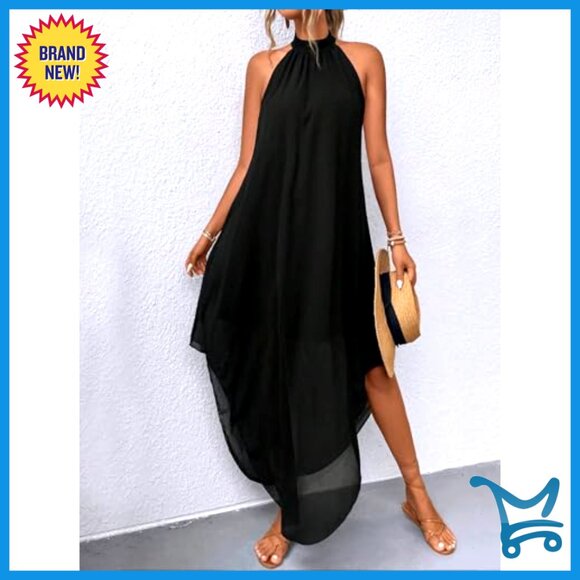 Halter Formal Wedding Guest Dress Flowy Sleeveless Asymmetrical Long Elegant - Picture 5 of 7